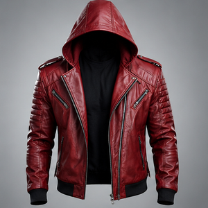 Chaqueta de Moto con Capucha para Hombre, de Cuero PU Rojo, Corte Ajustado, Transpirable, de Secado Rápido, Forro de Lana, Cierre de Cremallera, Estilo Urbano - Product Image 1