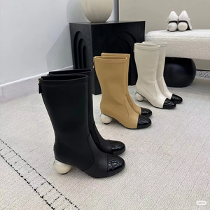 Luxury Designer Shoes Women's Chic Mid-Calf Leather Boots Breathable Zip Back Design <b>Round</b> <b>Toe</b> <b>Heel</b> Winter Rubber Outsole - Product Image 1