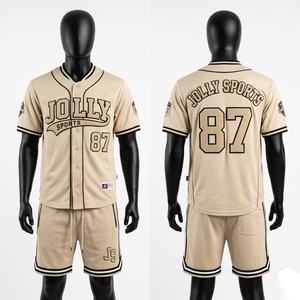 Mens premium cotton jersey baseball <b>set</b> 220 GSM soft breathable tan color embroidered logo custom design men short <b>set</b> for men's - Product Image 6