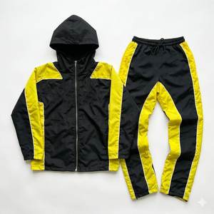 Nouvel ensemble coupe-vent en nylon noir pour homme avec logo personnalisé RTS, panneau jaune et pantalon, idéal pour l'été, respirant, style streetwear, veste zippée. - Product Image 1
