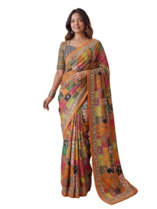 Sari Tradicional Indio con Estampado Digital Ajrak y Blusa con Espejos, para Mujer, Ideal para Bodas y Fiestas, Largo hasta el Suelo, Corte Regular, Elegante - Product Image 3