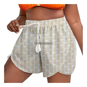 Shorts de Verano para Mujer con Estampado Dabu y Cordón Ajustable en la Cintura, Estilo Loungewear de Algodón con Estampado de Bloques - Product Image 3