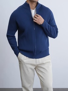 Pull cardigan à col mandarin noir pour homme, fermeture éclair, manches longues, couleur unie, anti-boulochage, polyester/viscose/acrylique/polyamide - Product Image 3
