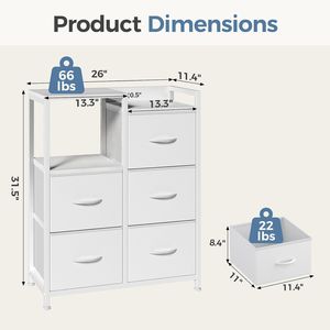 Cómoda Blanca Moderna de 5 Cajones con Estante de 2 Niveles, Estructura Metálica Resistente y Armario de Tela, Almacenamiento para Dormitorios Pequeños - Product Image 2