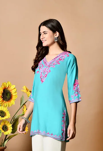 Haut Kurta en rayonne brodé vert marine pour femme, coupe régulière, longueur mini, tenue décontractée, design Inde Pakistan, toutes saisons - Product Image 5