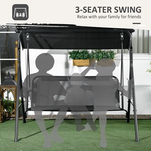 Dondolo da Giardino a 3 Posti Nero con Cuscini e Tettuccio, Struttura in Acciaio, Inclinazione Regolabile per Esterni - Product Image 6