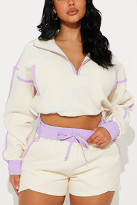 Women Plus Size ivory <b>Purple</b> Trim hoodie shorts Tracksuit Set quarter zipper Crop Top Shorts Casual Loose Fit Spring Outfit - Product Image 2