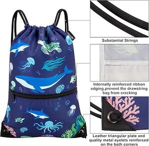 Hemistyles HM-COLORFUL Blue <b>Drawstring</b> <b>Backpack</b> Nylon Gym Sports Bag 30-40L Lightweight Front Zipper Pocket Travel Outdoor - Product Image 3