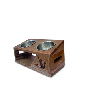 Teak Wood Elevated Cat Feeder with Stainless <b>Steel</b> <b>Bowls</b> Oval Shape Animal Print Eco-Friendly & Durable Simple Design - Product Image 3