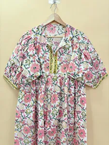 Bohemian White Pink Floral Block Print Cotton Midi <b>Dress</b> Vintage Puff Sleeve <b>Loose</b> Fit Tie Neck Summer <b>Dress</b> For Women - Product Image 5