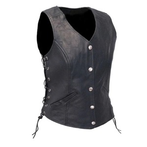 Women <b>Black</b> Genuine Leather Biker <b>Vest</b> Motorcycle Waistcoat - Product Image 1