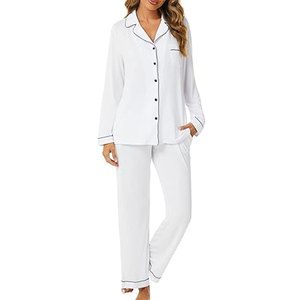 Pyjama Femme de Qualité Supérieure 100% Coton Été Décontracté Taille Élastique Longueur Intégrale Col Rabattu Manches Longues Logo Avant - Product Image 1