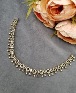Antique <b>Gold</b> Plated Curved Link Oval Stone Studded AD Jewelry <b>Set</b> With Matching Earrings Sparkling American Diamond Jewelry <b>Sets</b> - Product Image 3