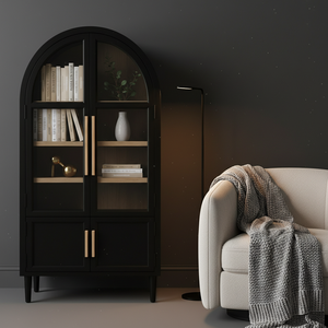 Vitrine d'exposition design arqué en bois d'hévéa, MDF et placage de chêne, écologique, 4 compartiments, portes à battants, mobilier de salon - Product Image 4