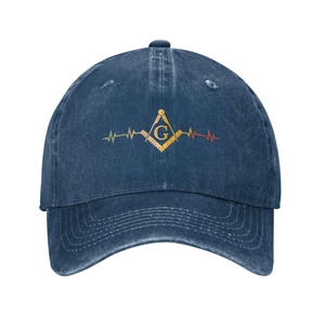 Custom Freemason Baseball Cap Vintage Washed Blue Masonic Square Compass Heartbeat Line Printed Dad <b>Hat</b> - Product Image 1