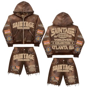 Vintage Wash Rhinestone Patch Men's Winter <b>Hoodie</b> <b>Brown</b> <b>Zip</b>-Up Streetwear Distressed Eco-Friendly Breathable 350 GSM Cotton - Product Image 3
