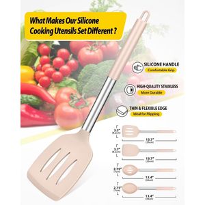 Paquete de 4 Cucharas Ranuradas Color Caqui, Juego de Utensilios de Cocina de Silicona Sólida, Espátulas de Acero Inoxidable Antiadherentes y Resistentes al Calor - Product Image 5