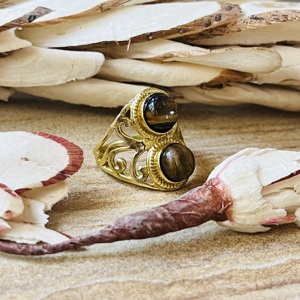 Hot Selling Double Stone Tiger Eye Brass <b>Ring</b> 18k Gold Plated <b>Chunky</b> Filigree Texture <b>Ring</b> Handmade Statement Wholesale <b>Ring</b> - Product Image 3