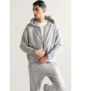 Ensemble de survêtement gris à capuche pour homme, fermeture éclair intégrale, coupe ample, sweat-shirt et pantalon en coton, tenue décontractée d'automne, couleur unie, poches latérales - Product Image 4