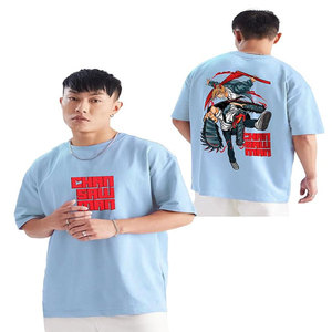 เสื้อยืดชายทรงปกติสีฟ้าอ่อนพิมพ์ลายตัวอักษรสไตล์สตรีทแวร์แขนสั้นคอกลมผ้าฝ้ายผสมโพลีเอสเตอร์/ผ้าฝ้าย ตราเฉาไซแมน - Product Image 1