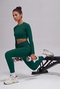 <b>Green</b> Seamless Yoga Set Women High Waist Leggings <b>Crop</b> <b>Top</b> Full <b>Sleeve</b> Sport Wear Two Piece Gym Outfit Stretchable Activewear - Product Image 3