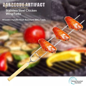 Pinchos para barbacoa de acero inoxidable con mango de madera, tenedor para alitas de pollo, mango de madera grueso y resistente, para camping y barbacoa al aire libre - Product Image 3