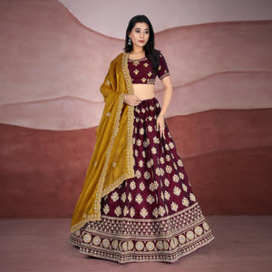 ชุดเลเฮนกาโชลีผ้าไหมเฟนดี้ ลายทอคลาสสิก ปักลายประดับอย่างสวยงาม |   ชุดปาร์ตี้สำหรับผู้หญิง แบบดั้งเดิม ไม่ยับ แห้งเร็ว - Product Image 1