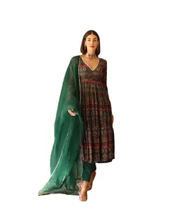 Kurti-Pent com organza Dupatta de seda para mulheres indianas, roupa de seda estampada digitalmente, novo designer Kurti conjuntos fabricante Índia