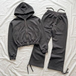 Winter Streetwear High Quality Custom Washed Thick <b>Cropped</b> Solid Breathable Tracksuit Drawstring Women's Hoodie <b>Jogger</b> Pants - Product Image 5
