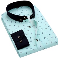 Camisa de vestir blanca con estampado de ancla para hombre, con cuello y puños azul marino, corte regular, manga larga, estilo casual elegante, camisas de verano para hombre