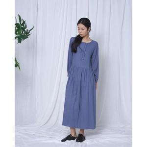 Women Blue Linen Maxi <b>Dress</b> O-Neck Long Sleeve <b>Loose</b> Fit Button Front Solid Color All Seasons Casual <b>Dress</b> - Product Image 1