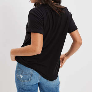 T-shirt court en coton mélangé noir écologique pour femme, doux, respirant, décontracté, été, basique, manches courtes, haute qualité - Product Image 3