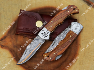 Couteau pliant professionnel fait main en acier Damas cuivré avec manche en bois de rose, pointe clip, pour chasse, camping, EDC, avec étui et aiguiseur - Product Image 5