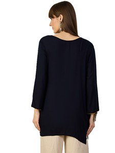 Women's Navy Blue Pure Viscose Kurta with Floral Embroidery Loose Fit <b>Ankle</b> Length Casual Indian Pakistani Ethnic Wear - Product Image 5