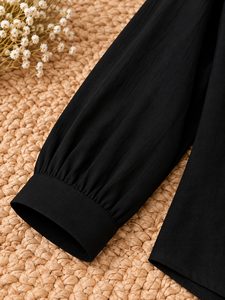 Chemise pour femme en rayonne noire unie à col ouvert, manches longues, coupe classique, décontractée et pour le bureau, tissu léger et respirant - Product Image 5
