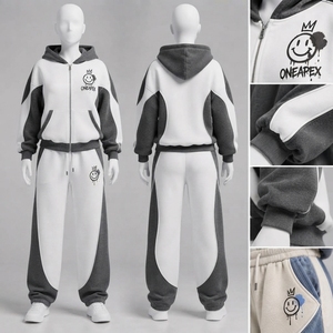 <b>Women's</b> <b>Black</b> White <b>Zip</b> <b>Hoodie</b> Tracksuit Set Color Panel Design Casual Oversized Jogger Pants Streetwear - Product Image 2