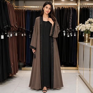 Luxury Two Tone Open Front Abaya | Taupe <b>Grey</b> Outer Robe with Black Inner Dress | Premium Nida Fabric Dubai Style Abaya - Product Image 6