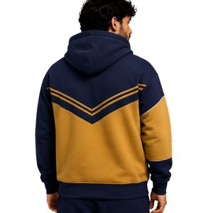 Sweat à capuche personnalisé pour homme, bleu marine et moutarde, en molleton de coton épais, color block, brodé, style streetwear, fabricant de marque privée - Product Image 2