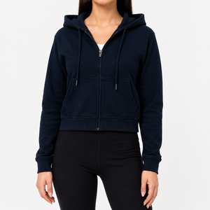 <b>Women</b>’s Cropped Full Zip Hoodie Cotton Elastane Blend French Terry Gym Workout <b>Jacket</b> with Pockets Custom Logo OEM Manufacturer - Product Image 1
