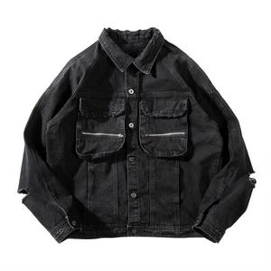 Tendance 2025 : Veste cargo élégante en jean noir délavé à l'acide avec trous et boutons, pour hommes, femmes, enfants et dames, disponible en ligne - Product Image 1
