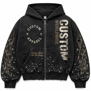Sudadera con capucha negra personalizada con cremallera, efecto desgastado, bordado de estrella de diamantes de imitación y estampado de llamas, estilo urbano, unisex - Product Image 1