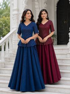 Conjunto de Lehenga de Diseñador para Mujer, Azul y Marrón, Bordado, para Fiesta, Estilo Fusion - Product Image 1