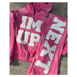 Conjunto de Sudadera con Capucha y Pantalones de Chándal con Cremallera, Estilo Desgastado, Parches y Lavado Ácido, de Moda, Casual, Estilo Urbano - Product Image 3