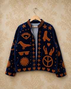 Chaqueta Corta de Terciopelo Azul Marino con Textura Artesanal, Bordado Cálido Color Óxido, Estilo Bohemio, Arte Folclórico, Sueño Celestial, de Gran Impacto - Product Image 3