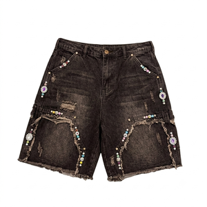 Nuevos pantalones cortos de mezclilla para hombre de alta calidad con lavado ácido, 100% algodón, con logotipo personalizado y pedrería. - Product Image 4