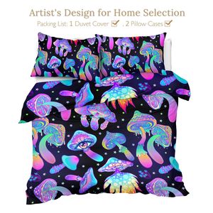 Parure de lit 3D motif champignon – 3 pièces, taille double, motif noir coloré, douce et confortable, ensemble de literie décoratif à motif de dessin animé - Product Image 5