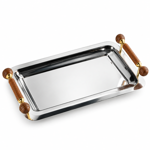 <b>Mirror</b> Finish Stainless Steel Serving Tray with <b>Wooden</b> Grip Handles | Rectangular Platter for Tea Snacks Desserts Party and Home - Product Image 1
