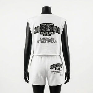 Ensemble t-shirt et short sans manches en coton premium 300 GSM pour femme, blanc, streetwear, impression personnalisée du logo, ensembles pour femmes - Product Image 3