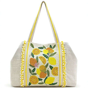 Sac fourre-tout en toile brodé à thème océanique pour femme, fait main, orné de perles de coquillages, avec fermeture éclair et ouverture, collection Printemps/Hiver/Été - Product Image 3