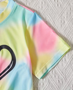 Girls 2-Piece Tie-Dye Heart Print Set Short Sleeve Top With Knot Front And Striped Shorts Summer Outfit - Product Image 4